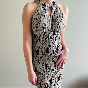 Nightway Black Gold Lace Halter Keyhole Gown Sz 2